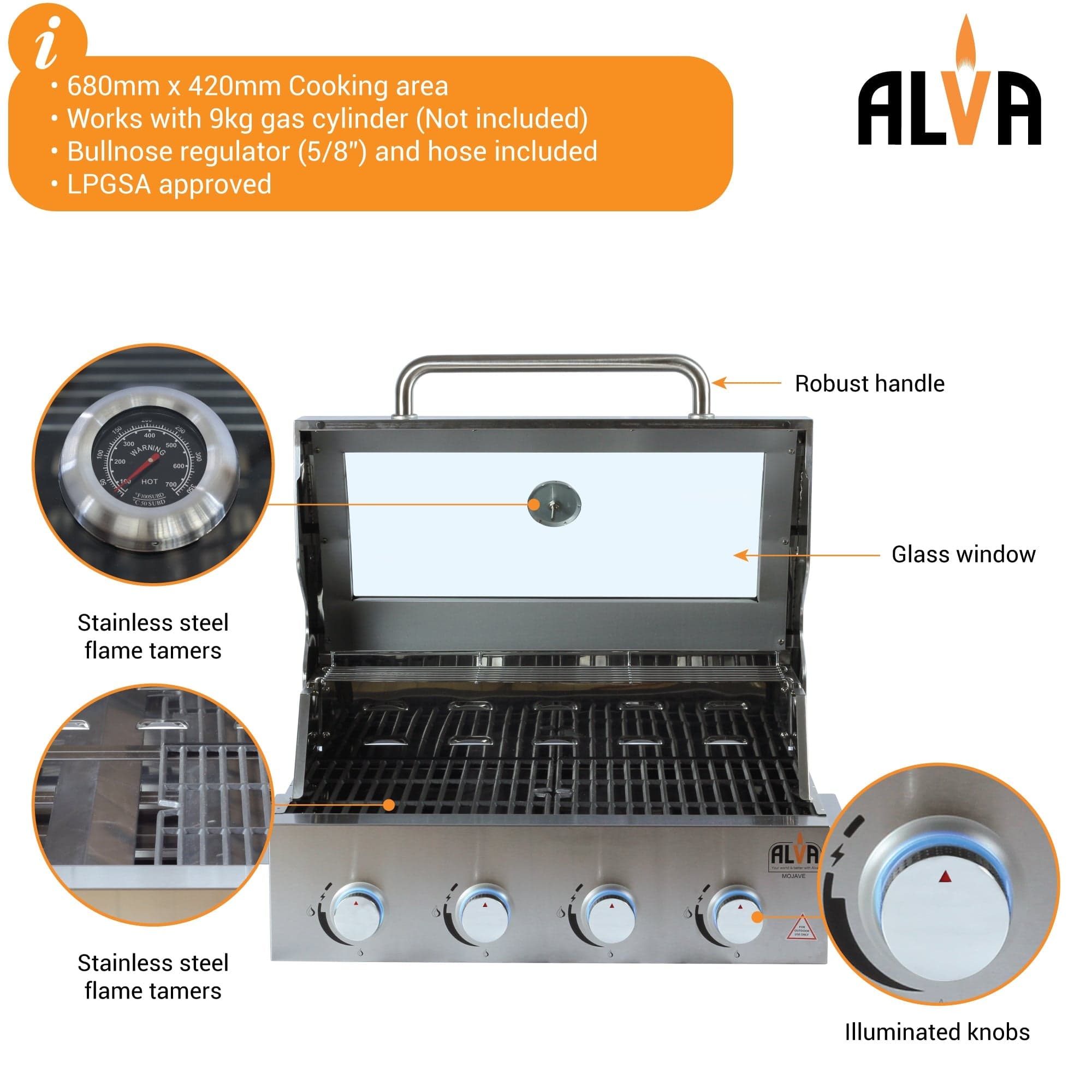 Alva Mojave 4-Burner Glass Hood Drop-In Gas BBQ GSS4BTT