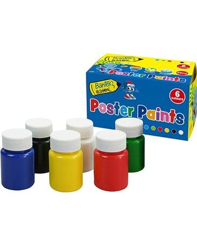 Bantex Poster Paints 60ml set of 6 (Red/Green/Blue/Yellow/White/Black)