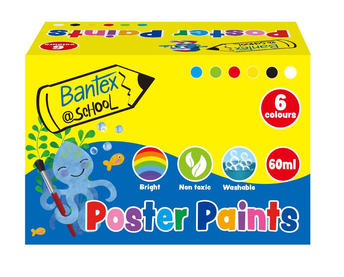 Bantex Poster Paints 60ml set of 6 (Red/Green/Blue/Yellow/White/Black)