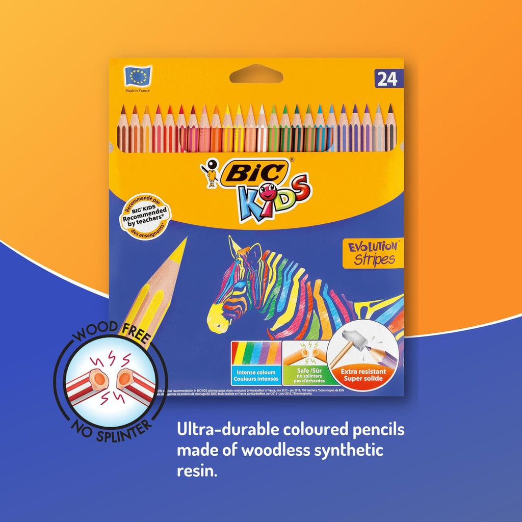 BIC Evolution Stripes - 24 Coloring Pencils for Kids, Students & Teachers